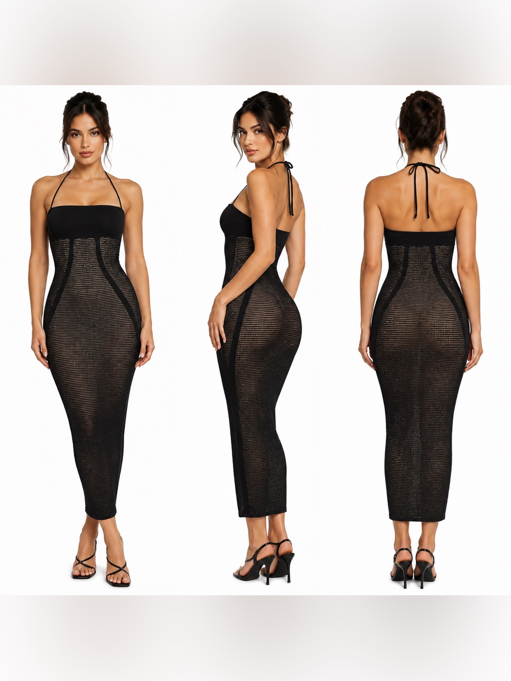 Wolford Black Net Ribs Swim Sheer Mesh Halter Bodycon Midi Luxury Knit Dress